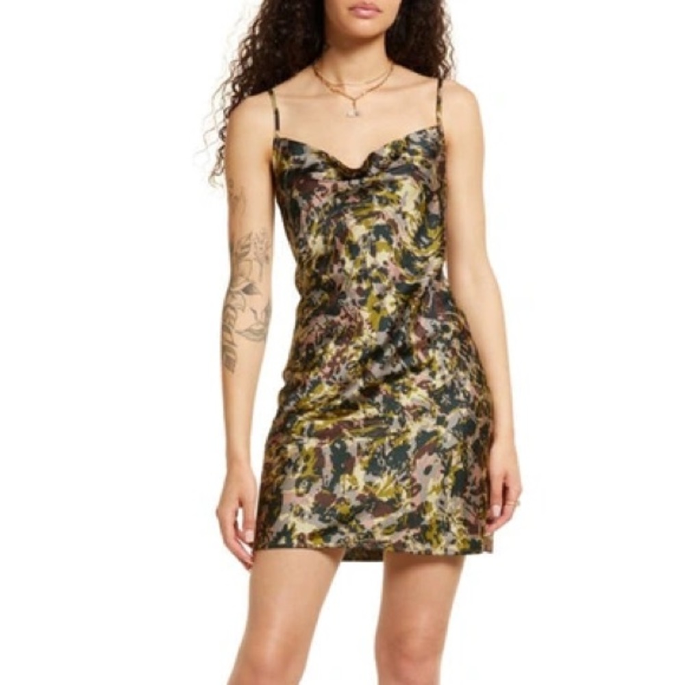 BP Cowl Neck Mini Dress Black-Brown Floral Camo XS NEW